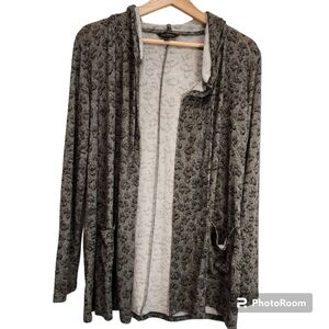 Lucky Brand Sweater Womens XS Green Leopard Print Hooded Open Front Cardigan